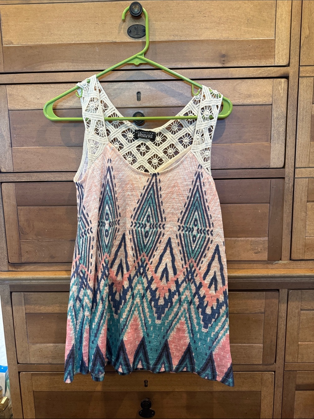 Papermoon Crochet Back Aztec Print Tank Top - Pink, Teal, Navy